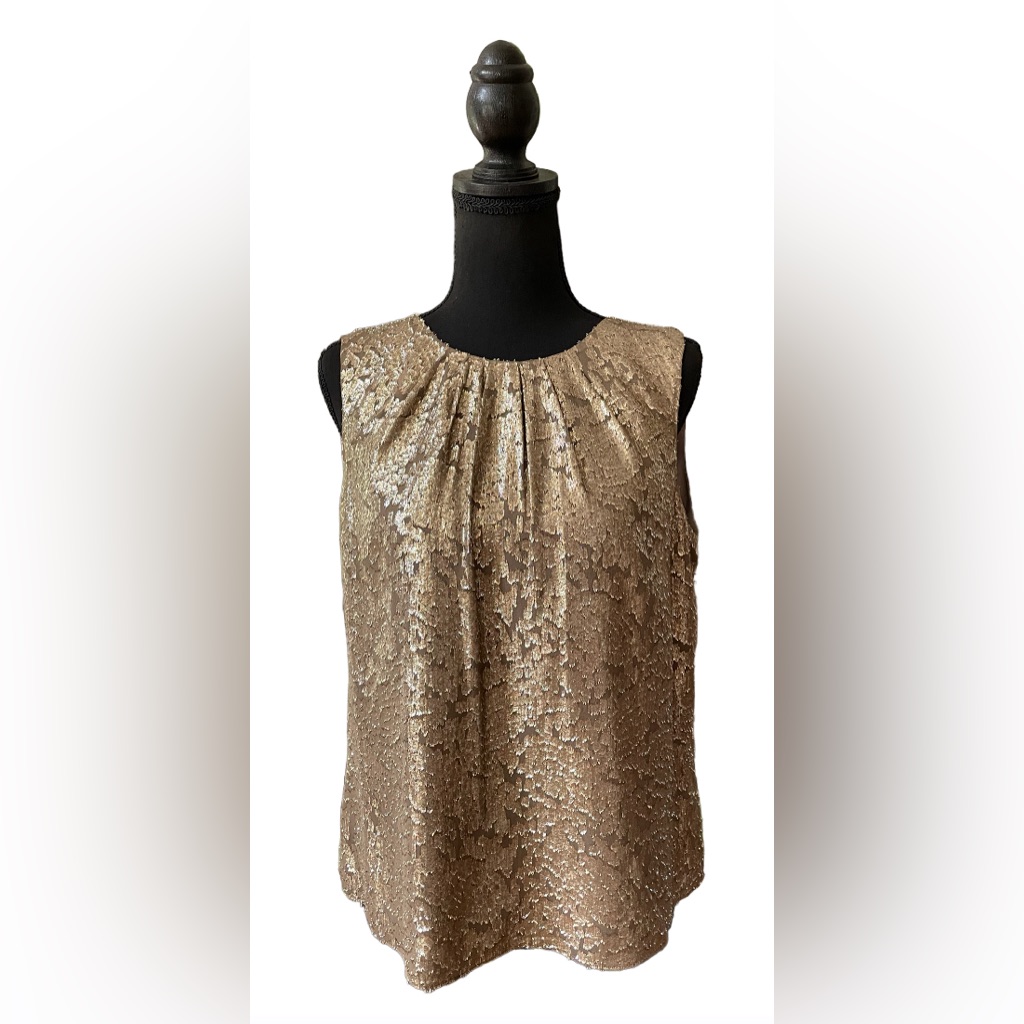 Jones New York: Golden Silk Metallic Foil Crackle Pleated Blouse